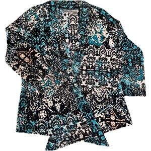 Chico’s Teal Multicolor Open Front Cardigan Size 1 Long Sleeved Boho Summer